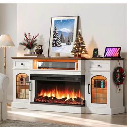 70'' Fireplace TV Stand with Charging Station for TVs Up to 80", 3-Sided Glass Farmhouse Entertainment Center with 36" Electric Fireplace & LED Lights