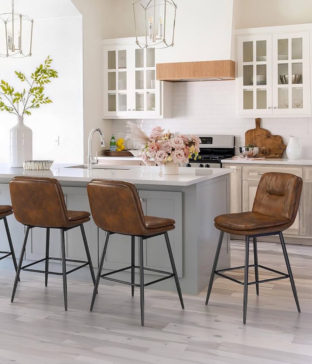 Bar Stools Set of 3, Counter Height Bar Stools, Faux Leather Barstools, 24 Inch, Yellowish Brown