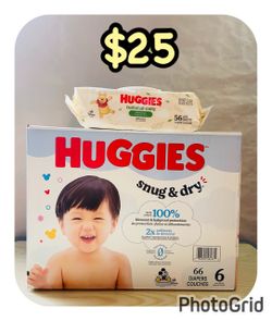 Huggies snug & dry size 6 (66 diapers) & Huggies baby wipes (56 ct), $25 for all‼️