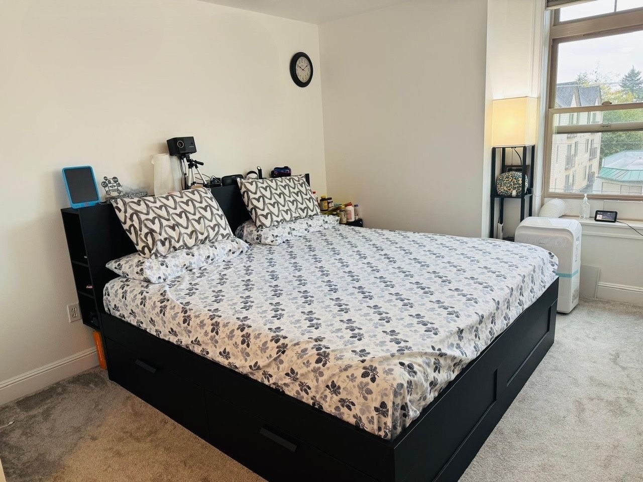 Ikea Brimnes king bed frame with storage and headboard; mattress