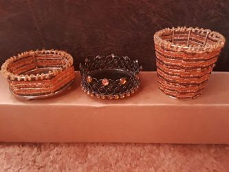 Set Of 3 Beaded Stones Candle Votive Tealight Holders / Trinket Trays