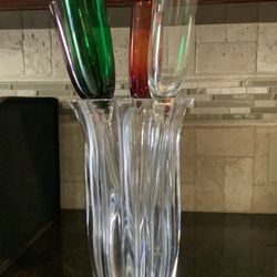 Set Of 4 Long Stem Crystal glass Champagne Flutes 17” Green Red Purple Clear + Heavy Vase See Photos Pick Up SYLMAR