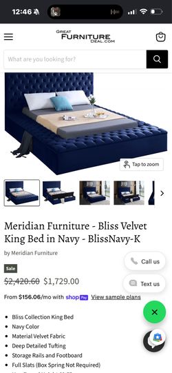 Meridian Furniture - Bliss Velvet King Bed in Navy