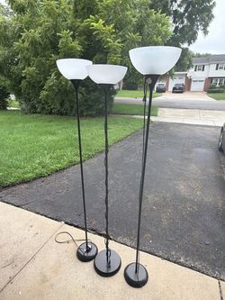 Set of 3 Black Metal Torchiere Floor Lamps with Frosted Glass Shades