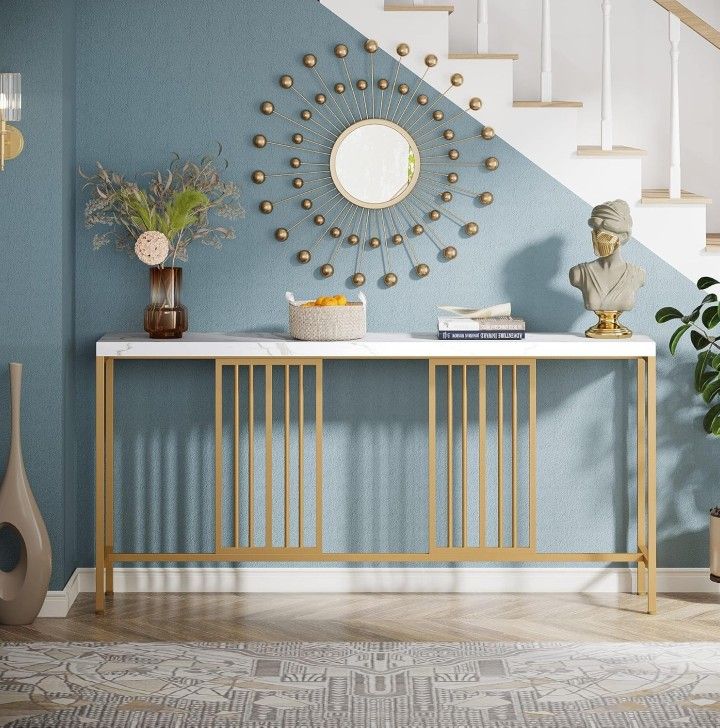70.9 Extra Long Sofa Console Table, Faux Marble Narrow Entryway Tables with Golden Metal Frame