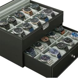 SONGMICS 20-Slot Watch Box with Glass Lid 2 Layers Black Synthetic Leather Gray Lining JWB006V1