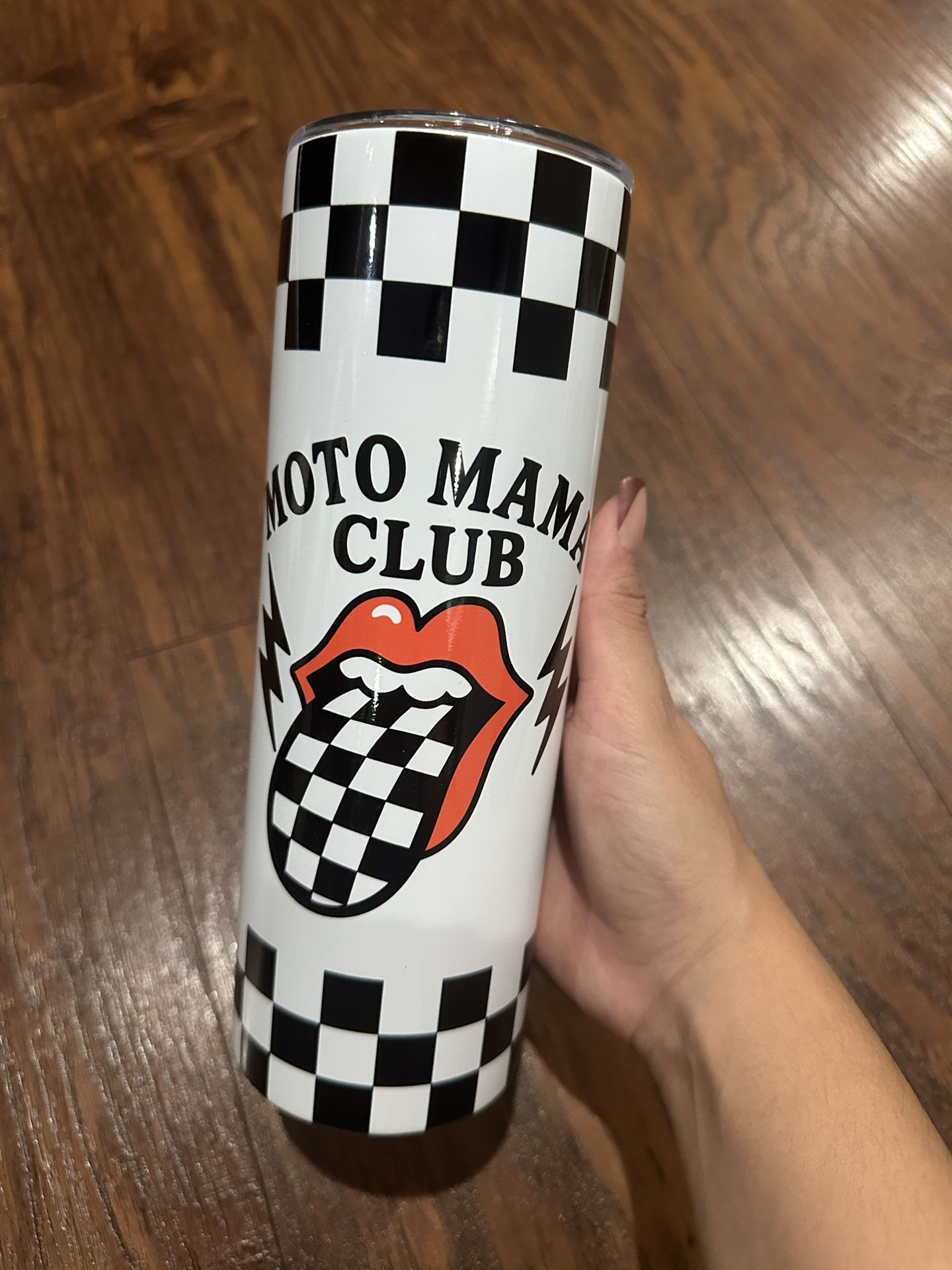Custom 20oz Moto Mama Club Checkered Steel Tumbler