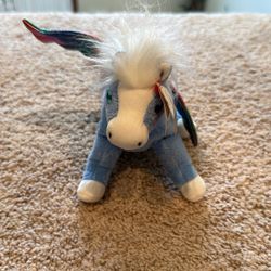 Ty Beanie Baby “Pegasus” The Pony Plush With Blue Fur,white Mane/hooves, And Rainbow Iridescent Wings 