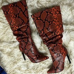 New Calf High Boots (snake Skin Orange/black)