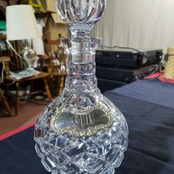 Heavy Diamond Cut Lead Crystal Liquor Decanter with Glass Stopper and Gorham EP yc 352 Gin Silver liquor name plate made in West Germany A71V477