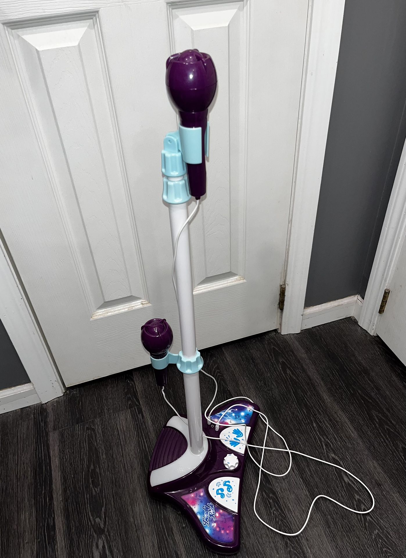 kids karaoke play machine with microphones and adjustable stand
