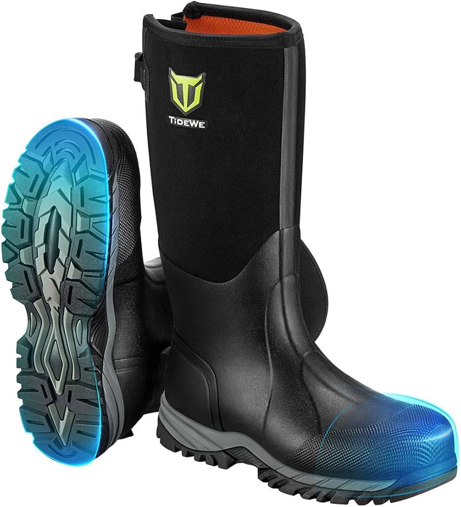 TIDEWE Puncture Proof Work Boots with Steel Toe and Shank, Waterproof Non-Slip Rubber Boots for Men, 0.236 Inch Neoprene Outdoor Boots, Steel Toe Cap