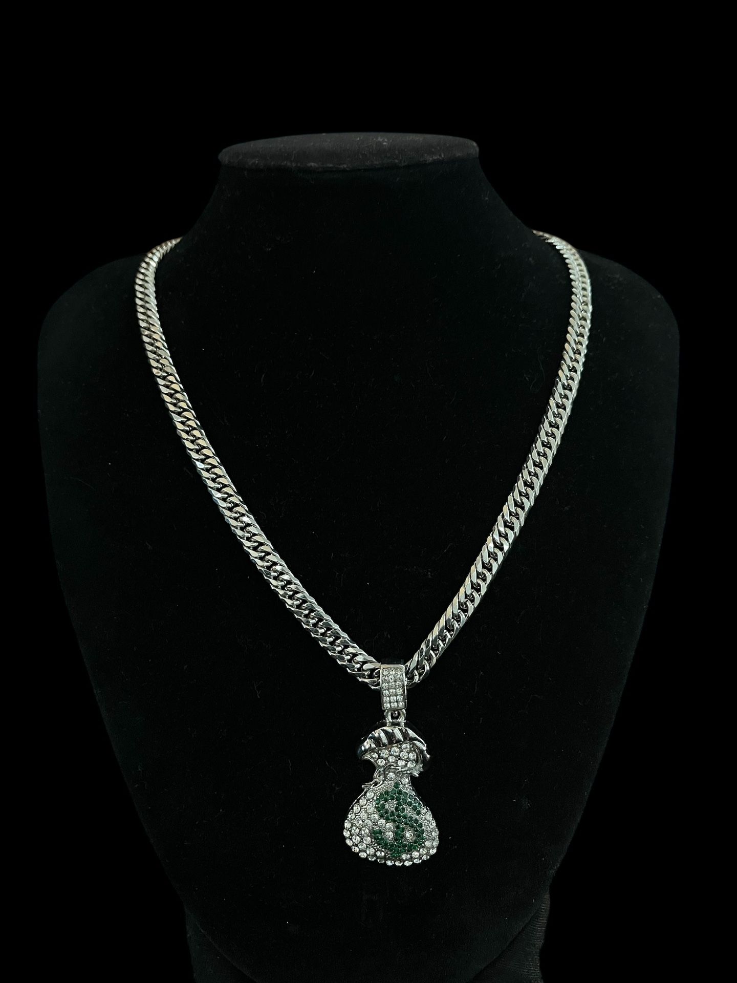 Money Bag Pendant 925 Silver Mega Double Cuban Cut  Chain 