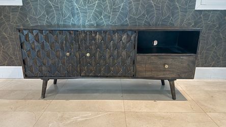 Carved Wood TV Stand / Media Console – Victoria’s Armoire