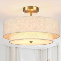 16.5 inch Semi Flush Mount Ceiling Light with Natural Linen Shade, 3-Light UL Listed