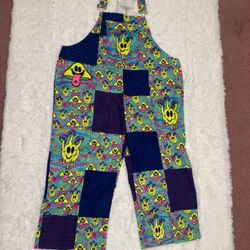 New 2x unisex neon patchwork overalls y2k pants festival rave happy face outfi