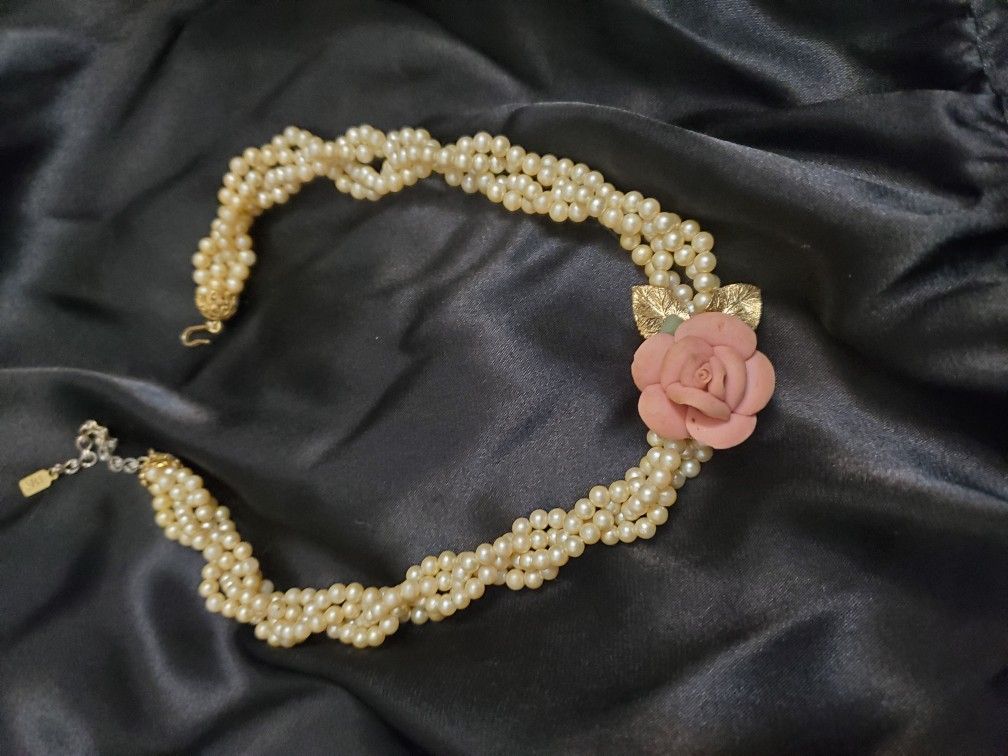 1928 choker necklace twisted faux pearls pink rose Victorian revival vintage wedding necklace