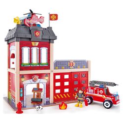 Hape City Fire Station Dollhouse Wood Playset, 13 Pieces, Light & Sound, Product Height 18.82 in Multicolor -