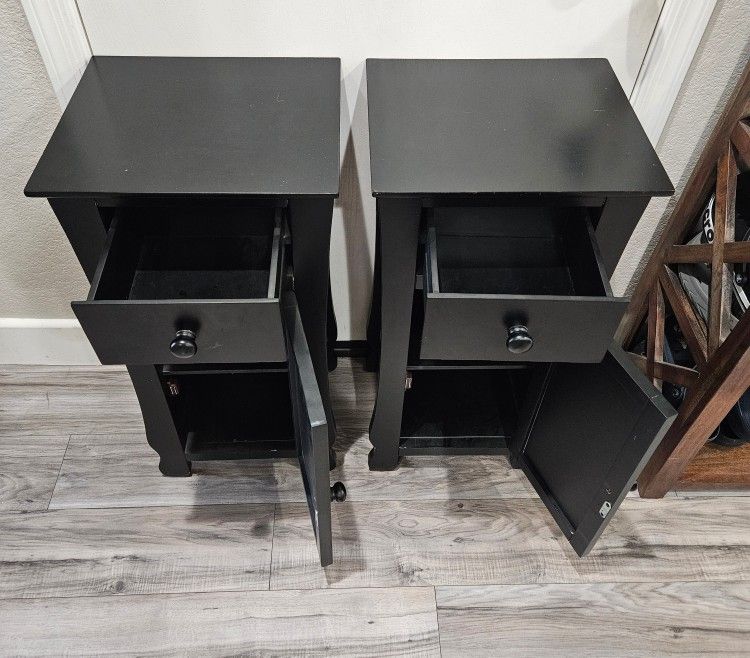 2 Black End Tables With Drawers & Shelves