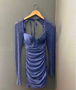 Blue Ruched Mini Dress with Pearl Mesh Sleeves
