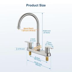 2 Handle Kitchen Faucets Deck Mounted 3 Hole 8 Inch RV Kitchen Sink Faucet High Arc 360° Rotating Spout Mixer Tap, Brushed Nickel, with Side Sprayer