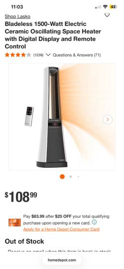 Lasko Bladeless 1500-Watt Electric Ceramic Oscillating Space Heater with Digital Display and Remote