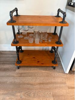 Rolling Bar Cart – Solid Wood & Black Iron Pipe (3-Tier)