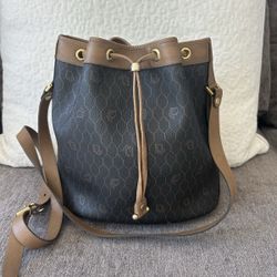 Christian Dior Leather Bucket Shoulder Bag Honeycomb Logo Dark Brown