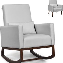 Newly Assembled Rocking Chair Fabric High Back Armchair with Waist Pillow,Wooden Tapered & Rocking Dual Legs Multifunctional Upholstered Accent Chair