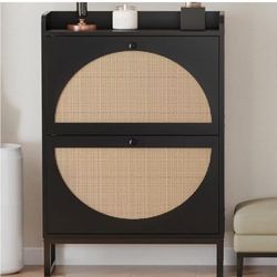 Shoe Storage Cabinet, Rattan Shoe Cabinet Storage with Flip Drawers, Narrow Free Standing Shoe Rack Cabinet Cupboard for Entryway Hallway(Black,23.62i