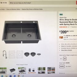 Glacier Bay 33in.Drop-on Double Bowl 18-Gauge Gunmetal Black Stainless Steel Kitchen Sink with Spring Neck Faucet 