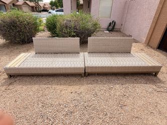 Set (2) Beige Faux Wicker Outdoor Patio Lounge Chairs (LxWxH: 29” x 68” x 28” each)