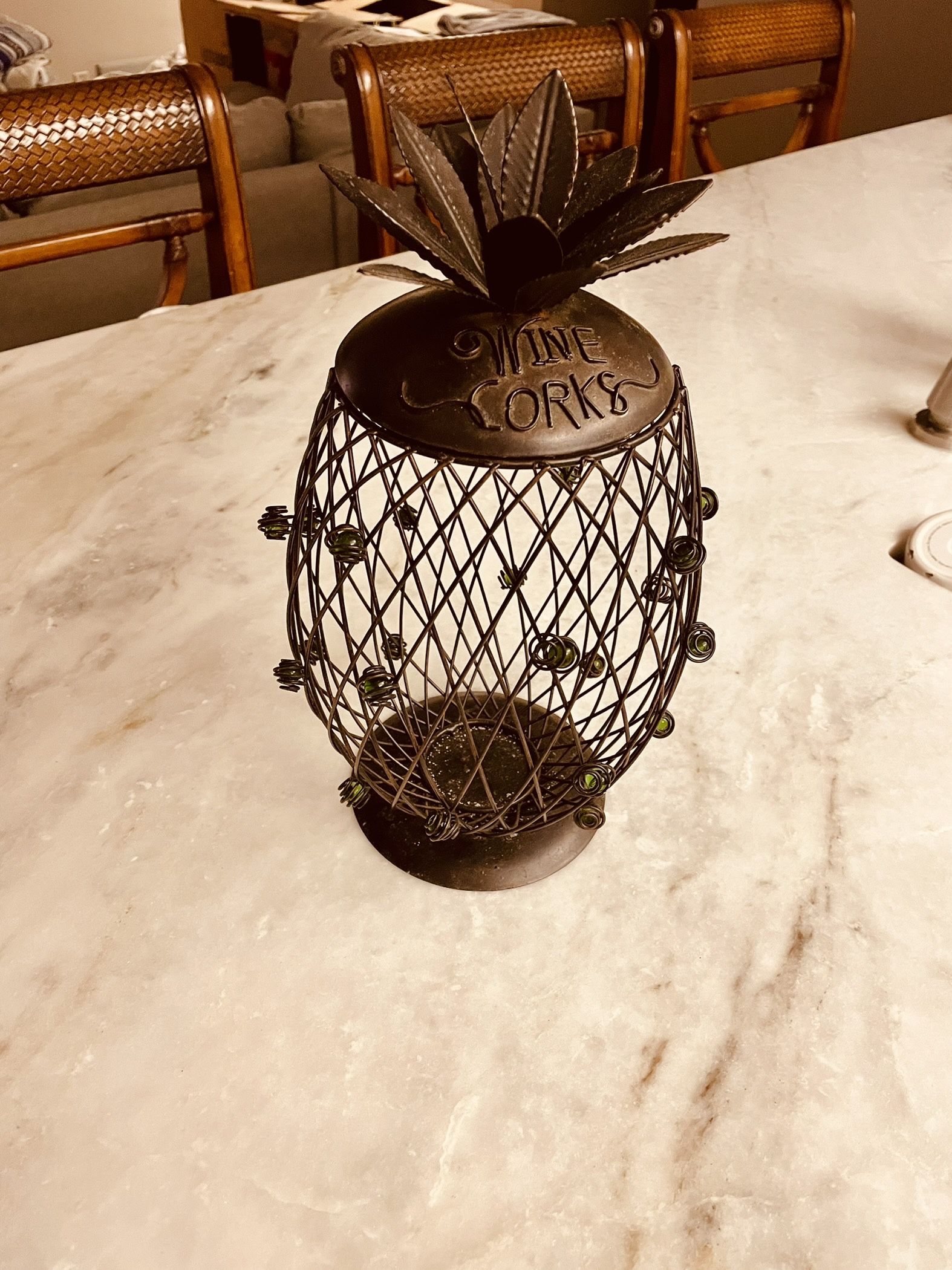 Metal Pineapple Tropical Wine Cork Holder With Green Glass Beads