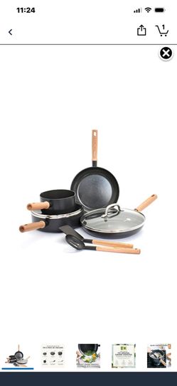 GreenPan Hudson Healthy Ceramic Nonstick, 8 Piece Cookware Pots and Pans Set, Vintage Wood Inspired Handle, PFAS-Free, Dishwasher Safe