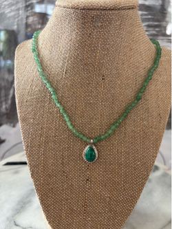 Green Jade Necklace with a Malachite and Sterling Charm. 11” long. Available in Coral Gables. Cash please.