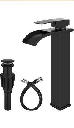 Matte Black Waterfall Vessel Sink Faucet,Tall Bathroom Faucet Single-Handle Single-Hole Lavatory Vanity Sink Faucet Mixer Tap Includes Pop-Up Drain an