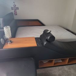 Queen Custom Platform Bed With Built In Storage Bench Massager Bench Shelves For Storage Charging Stations A Desk With Ottoman And Bluetooth Speakers 