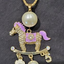 Betsey Johnson Metal, Enamel Rhinestone& Faux Pearl Necklace Large Horse Pendant