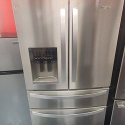 Whirlpool 36 Inch 4 Door Refrigerator Stainless Steel SOLD AS IS TOP LIGHT NOT WORKING