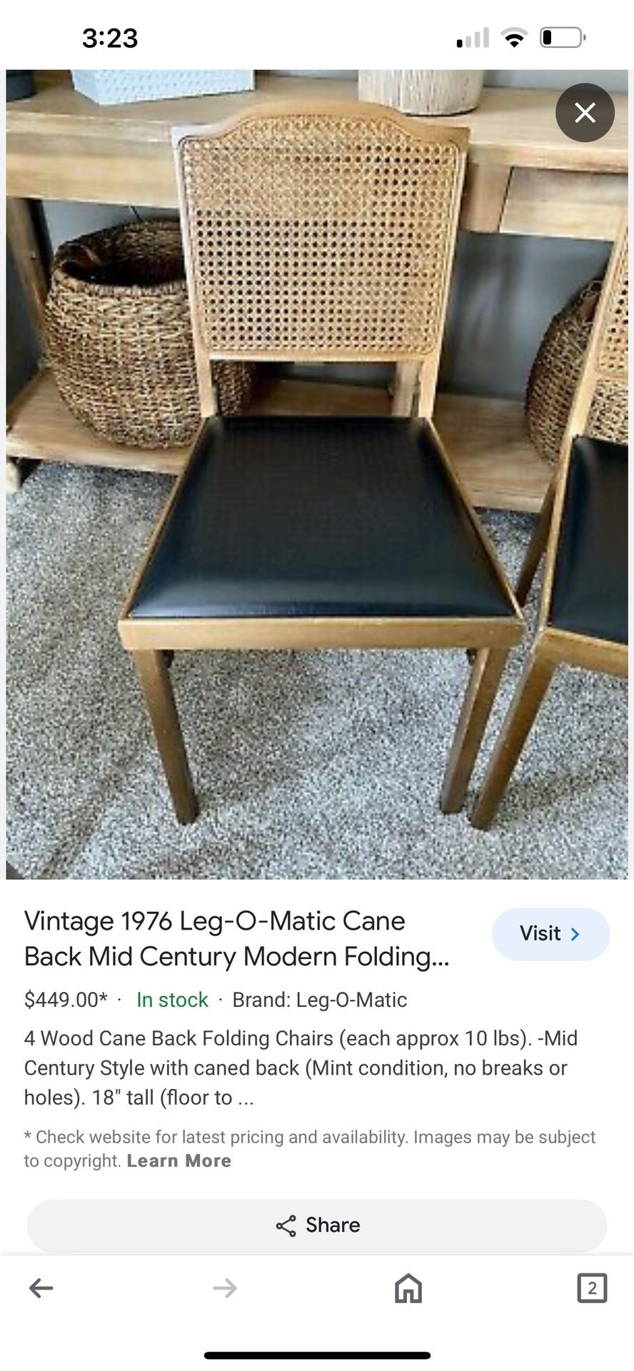 1976 Vintage Leg-O-Matic Cane Back Mid-Century Modern Folding Chairs 