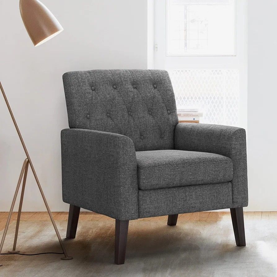 Upholstered Linen Accent Chair 18.5" H, Comfy Living Room Chair with Arms, Button Tufted Arm Chairs, Modern Armchair for Small Space, Bedroom, Living 