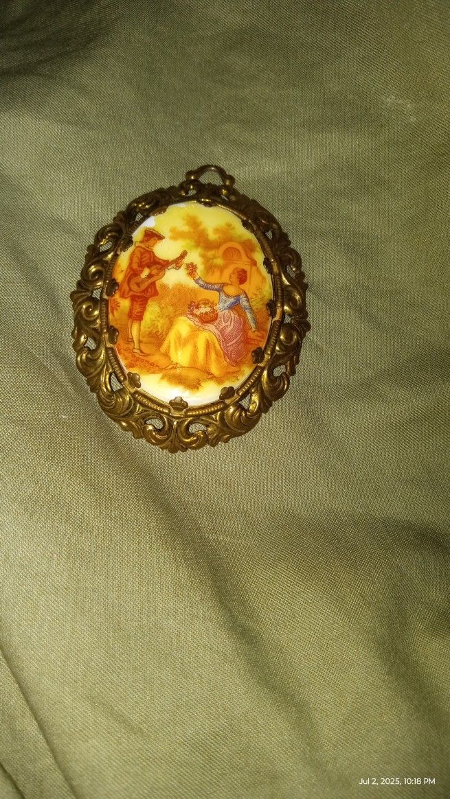 Vintage Painted Courting Couple Oval Pendent 