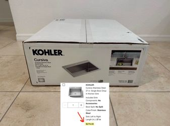 Kohler Cursiva 27inch Single Bowl Dual Mount Stainless Steel Kitchen Sink (100(contact info removed))