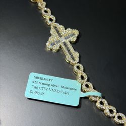 Iced Out 7.80 CTW Moissanite Gothic Infinity Cross Link Bracelet - Solid 925 Silver Gold Vermeil (Passes Diamond Tester)
