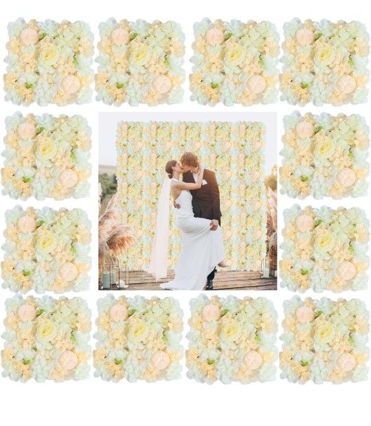 MODFUNS 12 Packs Floral Wall Backdrop Panels Champagne Silk Floral Wall Panels 3.75x5ft 3D Flower Wall Background Romantic Flower Panels for Backdrop