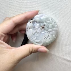 Certified Type A Natural Jadeite Jade Carved Round Pendant Necklace Lavender