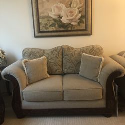 Upholstery Love Seat Sofa  With Decorative Cushion, Printed Side N Solid Greyish Green