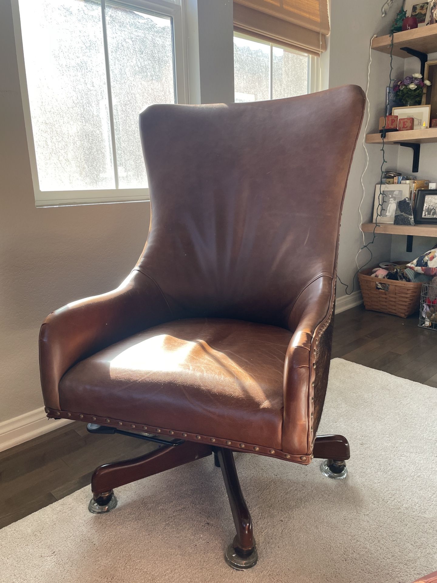 Brown leather and cowhide Swivel Office chair Hooker Furniture Upholstery