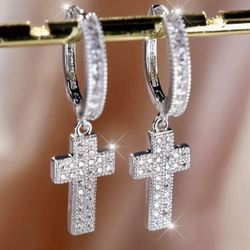 Pair Created Pave Cubic Cross Pierced Earrings