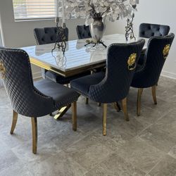 Brand New Marble Dining Table  With 6 Gray Velvet Chair